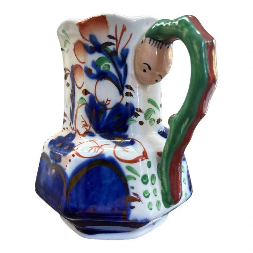 Early Gaudy Ironstone Pitcher With Unusual Handle - Ex. cond.